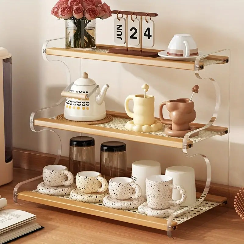 Expositor Multiníveis de Bambu e Acrílico – Prateleira Decorativa e Organizador para Cozinha, Escritório ou Cantinho do Café