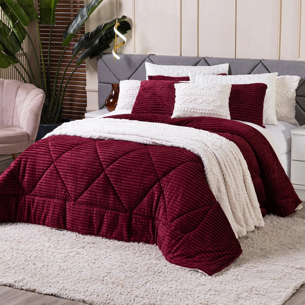 Kit Coberdrom KING 03 Peças Edredom Cobertor Dupla Face Canelado Denver Manta Quente com Fronhas