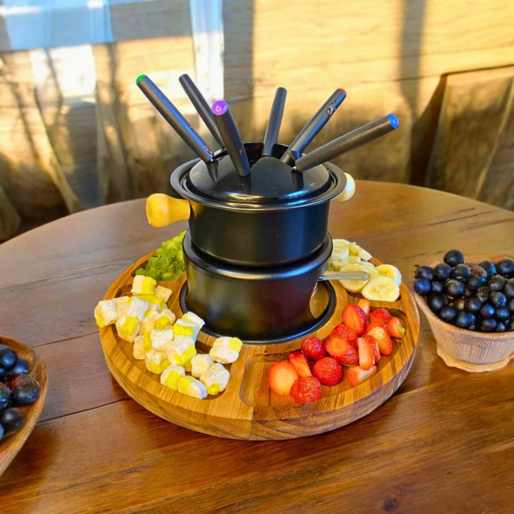 Conjunto Fondue Oasi Completo — Carne, Queijo e Chocolate | Para 6 Pessoas | Base e Petisqueira em Bambu