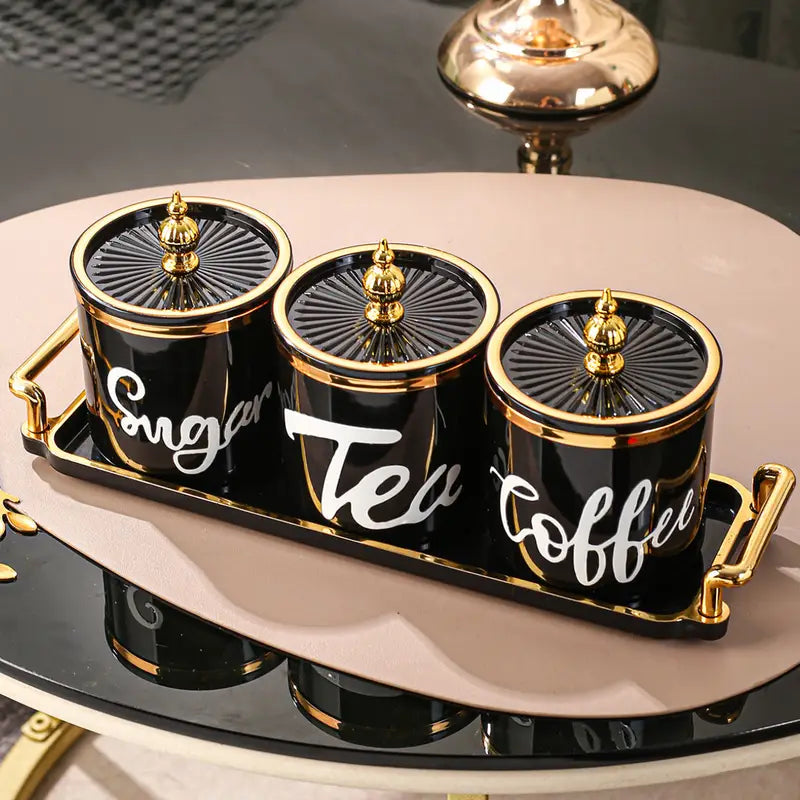 Conjunto de Potes Plásticos com Bandeja – Armazenamento Decorativo para Café, Açúcar, Doces, Grãos