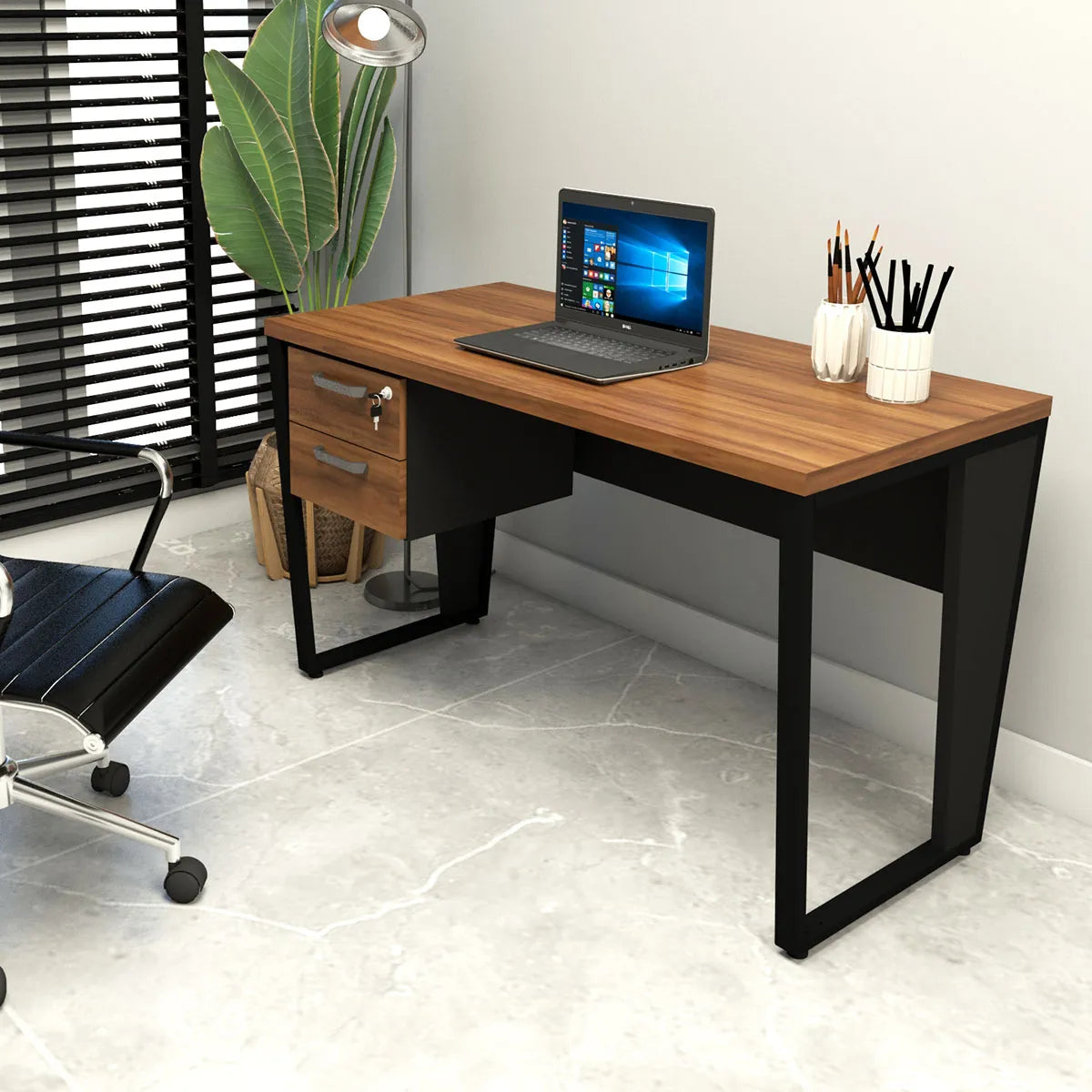 Escrivaninha 135cm com Gaveteiro Suspenso 2 Gavetas Pés em Metal F5 Office