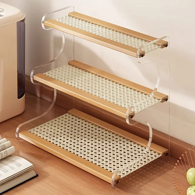 Expositor Multiníveis de Bambu e Acrílico – Prateleira Decorativa e Organizador para Cozinha, Escritório ou Cantinho do Café