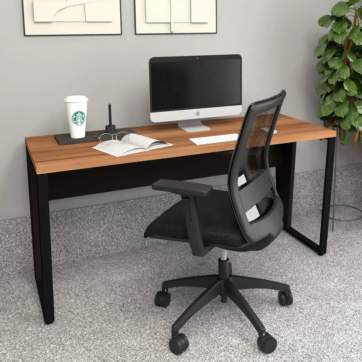 Mesa Escrivaninha Industrial 1,50m Nogal com Preto Pés Metal F5 Office