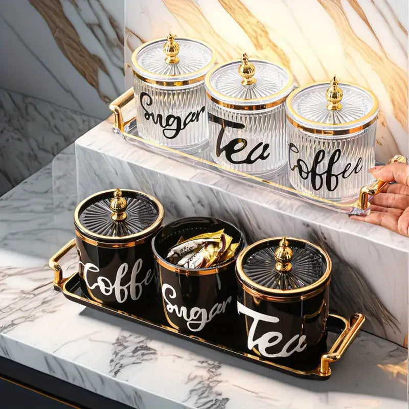 Conjunto de Potes Plásticos com Bandeja – Armazenamento Decorativo para Café, Açúcar, Doces, Grãos