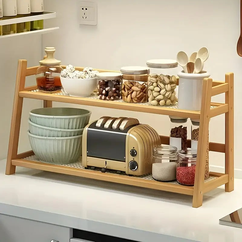 Organizador de Mesa em Rattan com 2 Níveis — Prateleira Elegante e Funcional para Escritório, Cantinho do Café ou Decoração